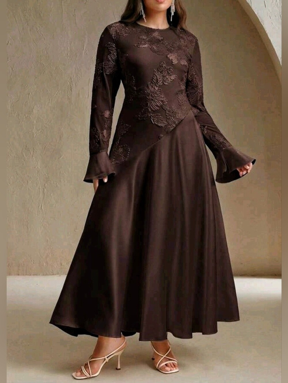 New PLUS Embroidered Asymmetrical Satin Maxi Dress Chocolate Brown